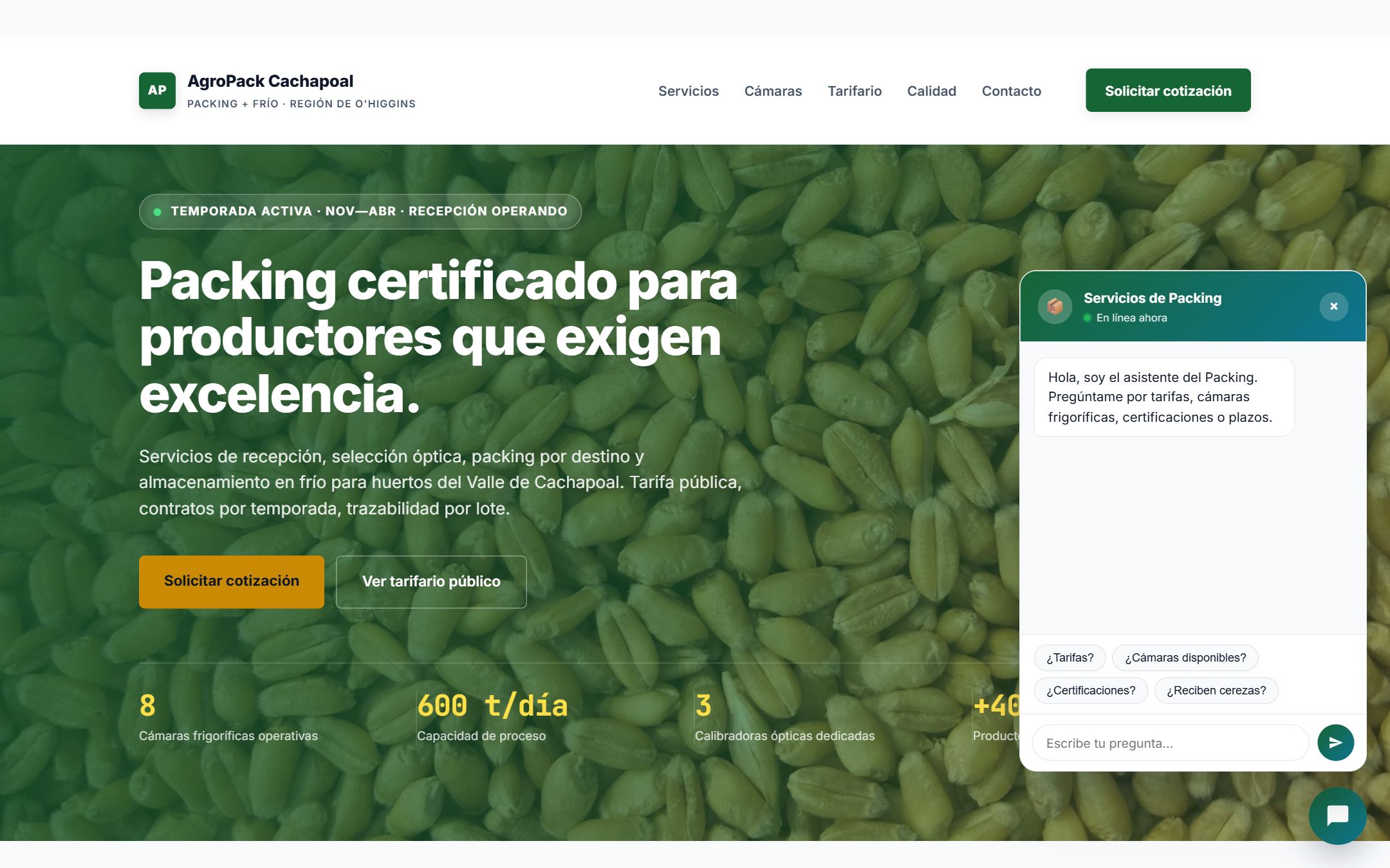 Sitio servicios de packing con calculadora