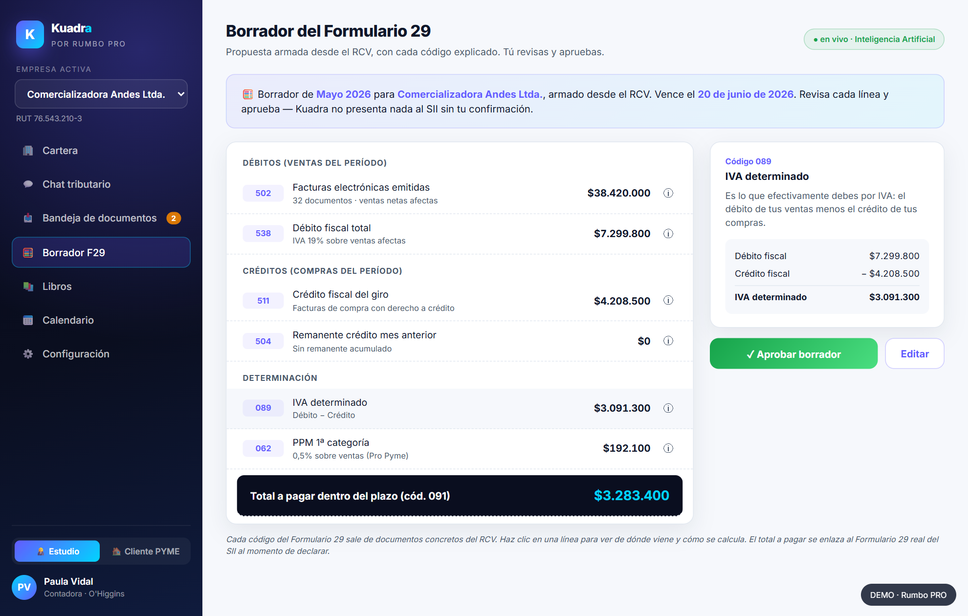 Borrador del Formulario 29 armado desde el RCV